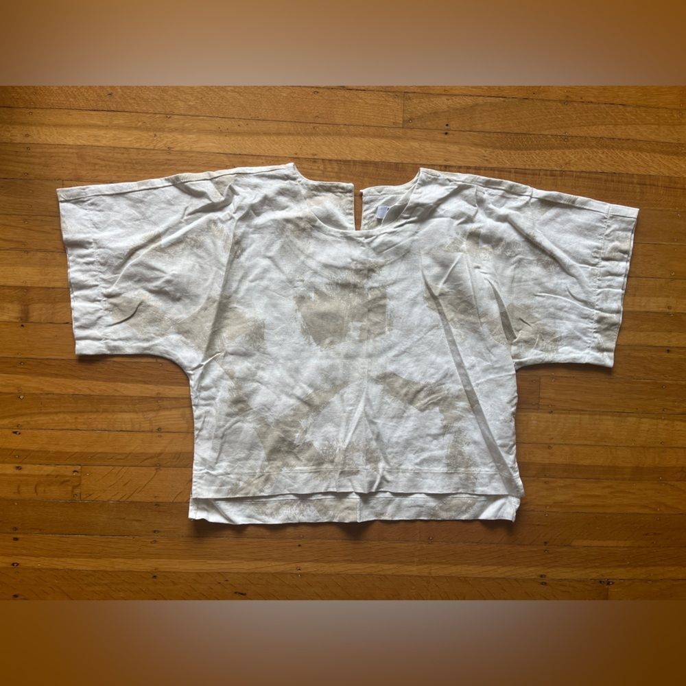 DKNY pure tan beige linen top blouse boxy Japanese cut brushstroke S M abstract